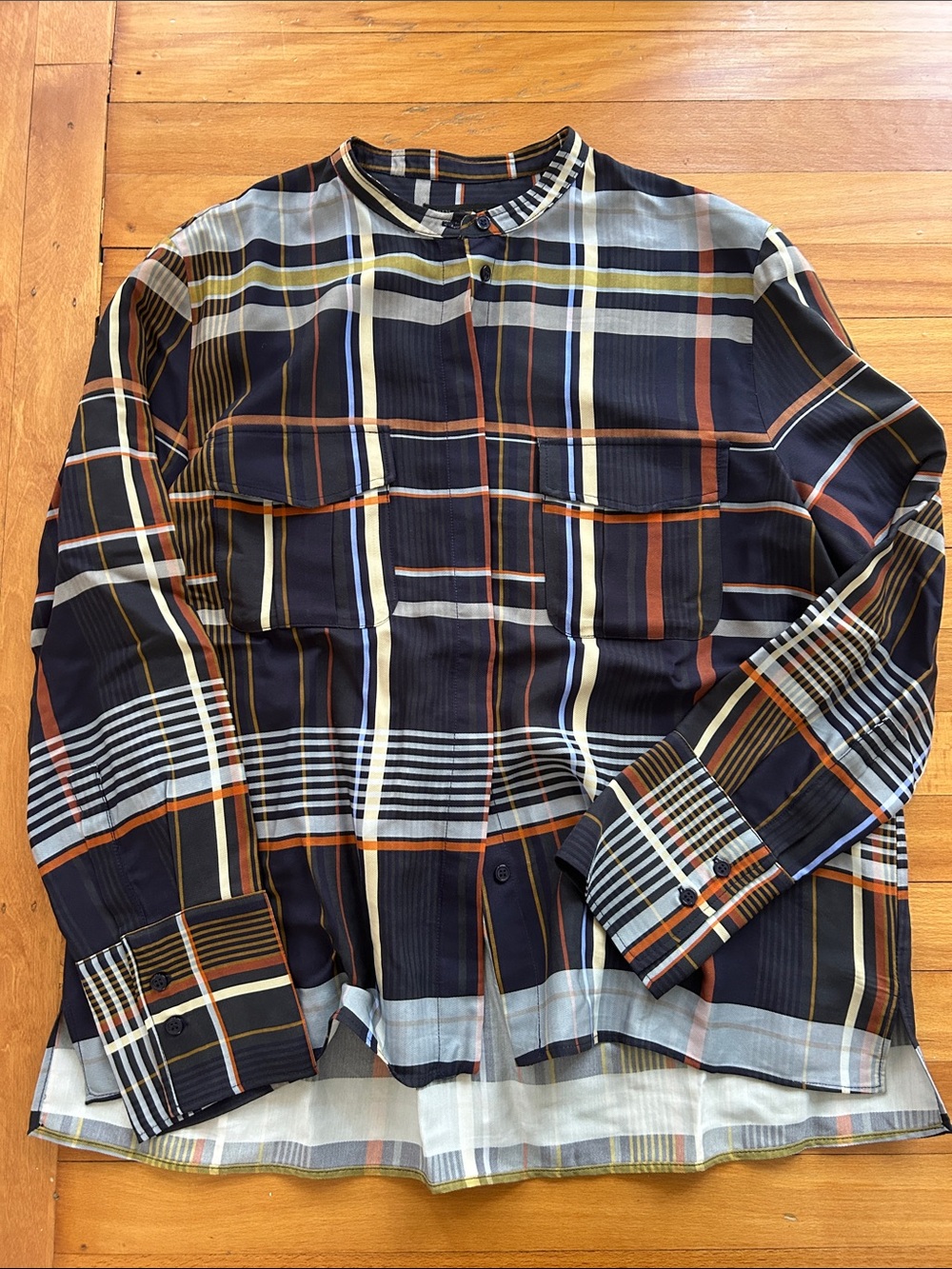 Zara Navy, Rust & Cream Plaid Button-Up Shirt